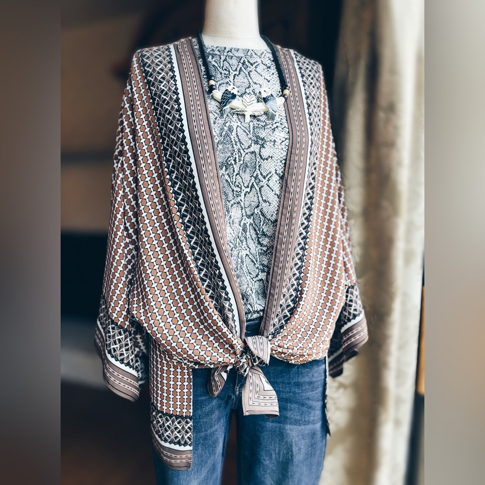 NWT Max Studio Printed Kimono - Brown & Caramel - Size 1X - Boho Cruise Wear